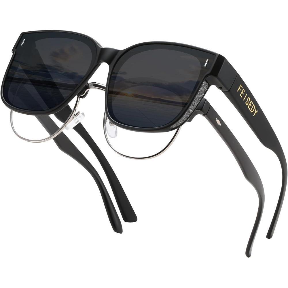 imageFEISEDY Sunglasses Fit Over Glasses Oversized Polarized Shiny for Women Sunglasses UV400 B0269Matte Black Frame Grey Lens