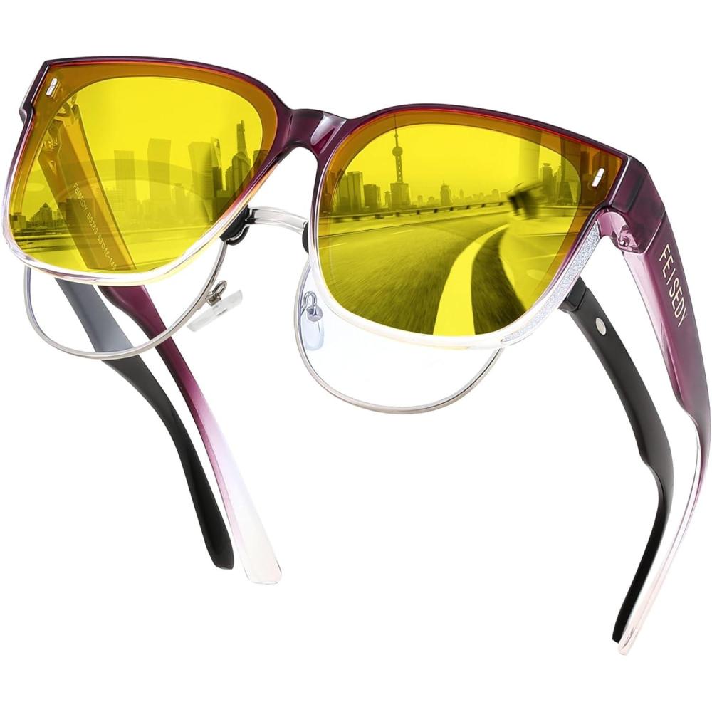 imageFEISEDY Sunglasses Fit Over Glasses Oversized Polarized Shiny for Women Sunglasses UV400 B0269Yellow Lens Gradual Purple Frame