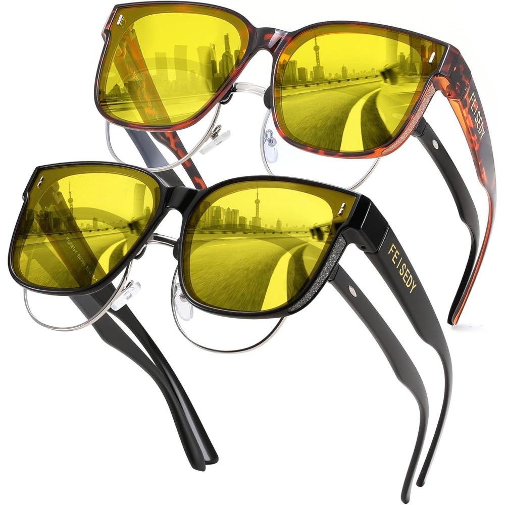 imageFEISEDY Sunglasses Fit Over Glasses Oversized Polarized Shiny for Women Sunglasses UV400 B0269Z2pack Yellow Lens Black Frame Yellow Lens Leopard Frame