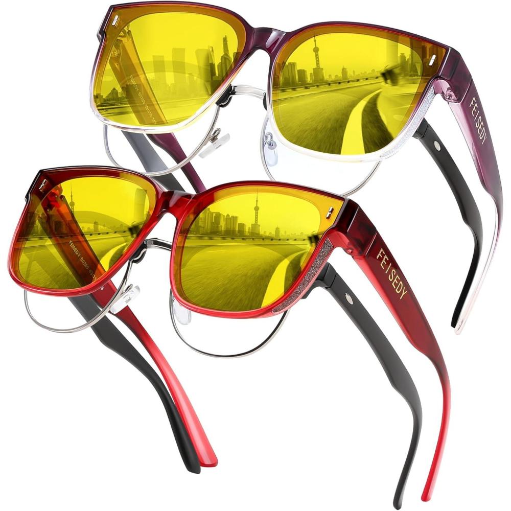 imageFEISEDY Sunglasses Fit Over Glasses Oversized Polarized Shiny for Women Sunglasses UV400 B0269Z2pack Yellow Lens Gradual Red Frame Yellow Lens Gradual Purple Frame