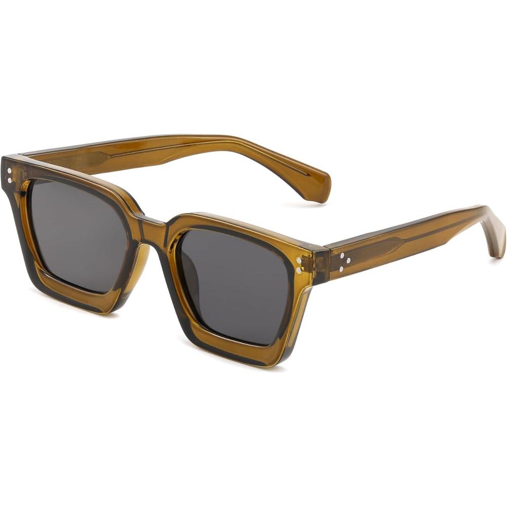 imageFEISEDY Sunglasses Men Women Polarized Chunky Square Thick Frame Rectangle UV400 Shade Sun Glasses B2396007 Olive Yellow Frame Polarized Gray Lenses