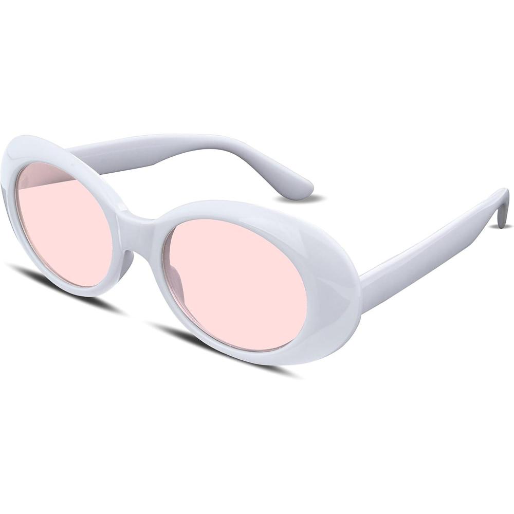 imageFEISEDY Sunglasses White Oval Clout Goggles for Women Men Retro Round Trendy Rimmed Clueless Costume Frame B2253Whitepink
