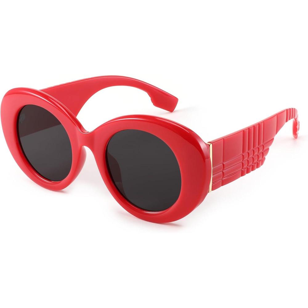 imageFEISEDY Sunglasses Women Fashion Luxury Oversized Oval Round Thick Frame Sunglasses Lady Shades Sun Glasses B0014Red Frame Gray Lens