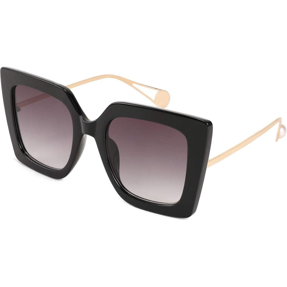 imageFEISEDY Sunglasses Womens Trendy Oversized Square Shades Pearl Inlay Cat Eye Frame UV400 Protection B2625Black