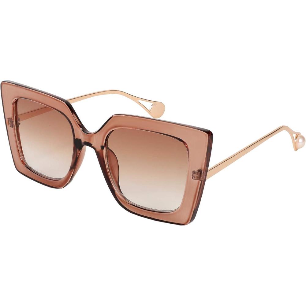 imageFEISEDY Sunglasses Womens Trendy Oversized Square Shades Pearl Inlay Cat Eye Frame UV400 Protection B2625Champagne