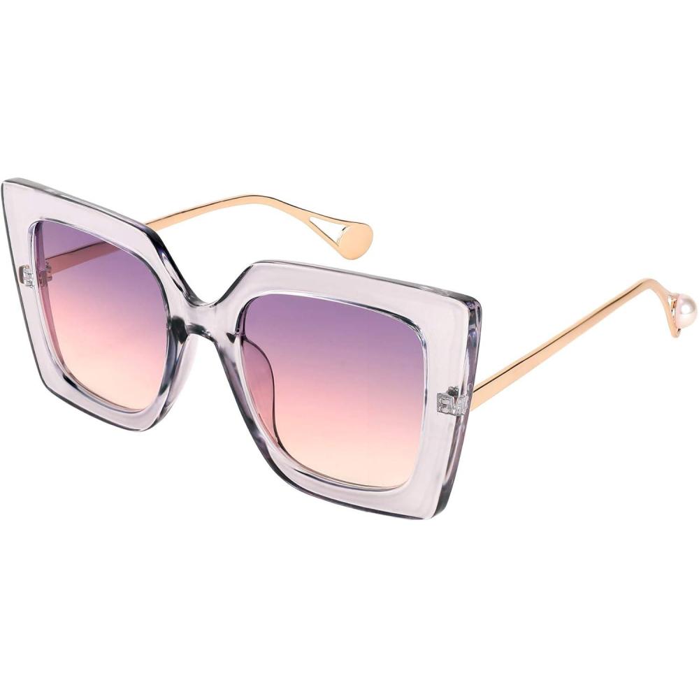 imageFEISEDY Sunglasses Womens Trendy Oversized Square Shades Pearl Inlay Cat Eye Frame UV400 Protection B2625Clear Purple