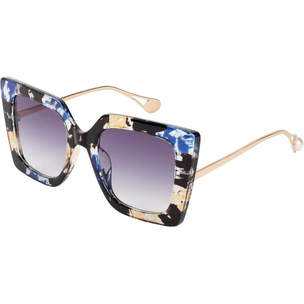 imageFEISEDY Sunglasses Womens Trendy Oversized Square Shades Pearl Inlay Cat Eye Frame UV400 Protection B2625Marble Pattern