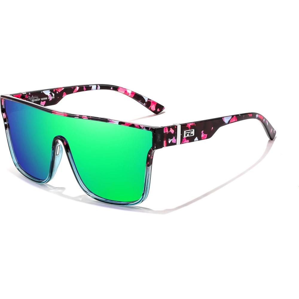 imageFEISEDY Sunglasses for Women Men Fashion Mirrored Single Lens Driving Beach Sunnies UV400 Shades B2996Blue Purple Flower Frame  Green Mirrored Lens