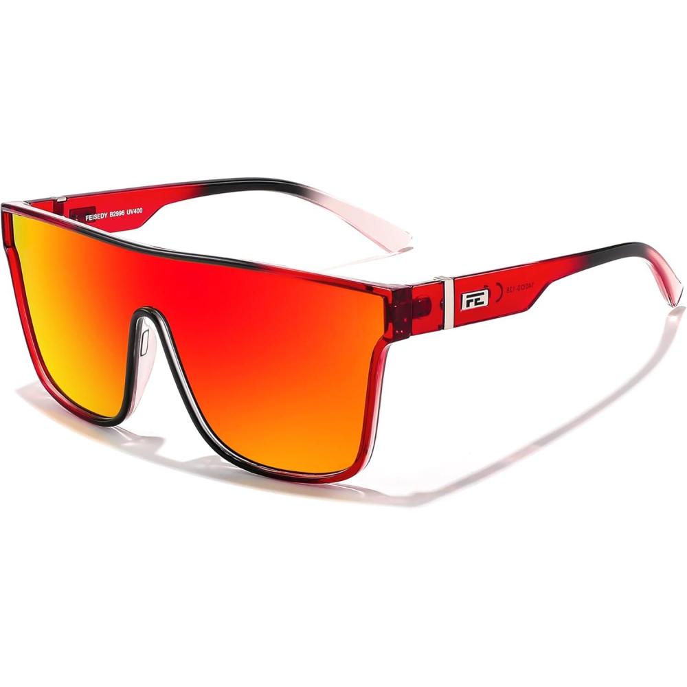 imageFEISEDY Sunglasses for Women Men Fashion Mirrored Single Lens Driving Beach Sunnies UV400 Shades B2996Red Black Frame Red Mirrored Lens