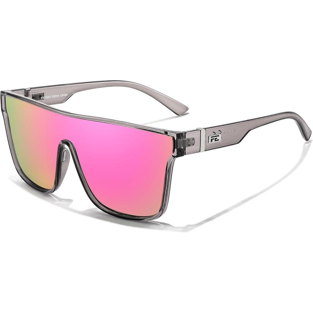 imageFEISEDY Sunglasses for Women Men Fashion Mirrored Single Lens Driving Beach Sunnies UV400 Shades B2996Transparent Grey Frame Pink Mirrored Lens
