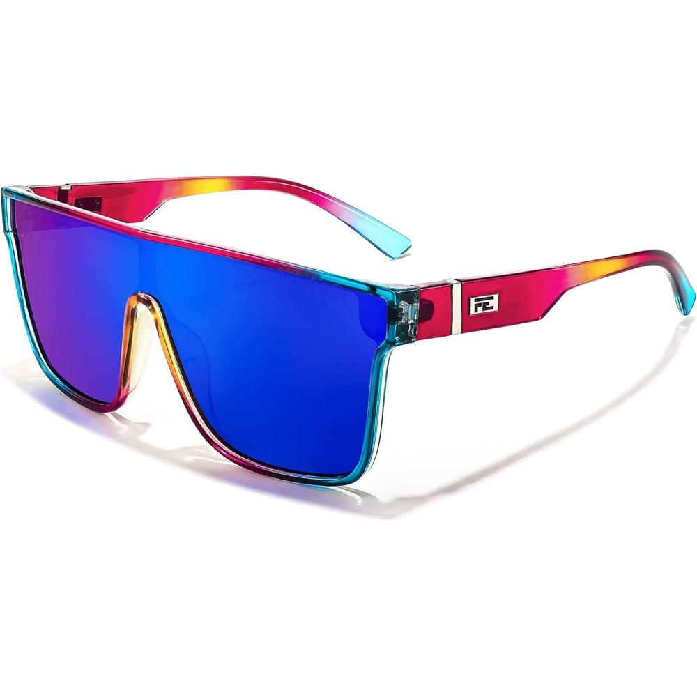 imageFEISEDY Sunglasses for Women Men Fashion Mirrored Single Lens Driving Beach Sunnies UV400 Shades B2996Transparent Red Blue Frame  Blue Mirrored Lens