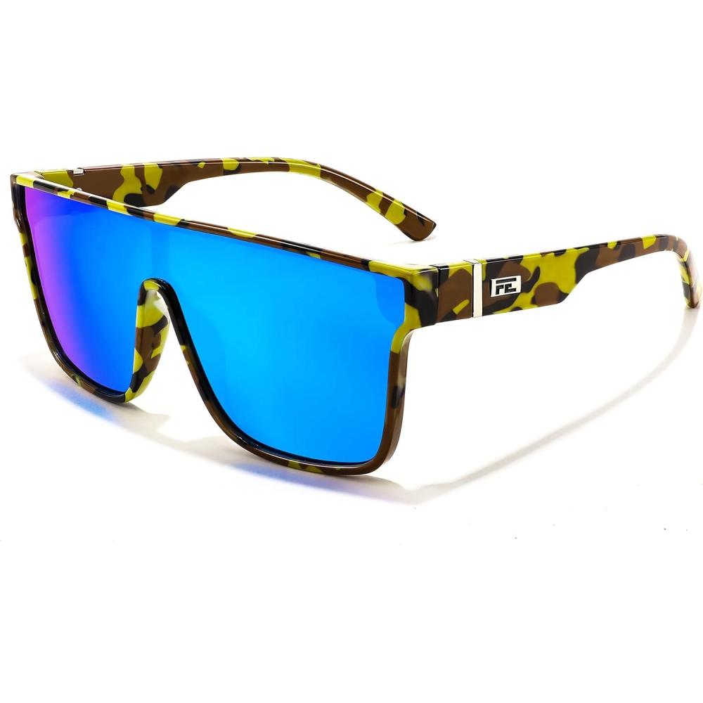 imageFEISEDY Sunglasses for Women Men Fashion Mirrored Single Lens Driving Beach Sunnies UV400 Shades B2996Yellow Camouflage Frame Blue Mirrored Lens