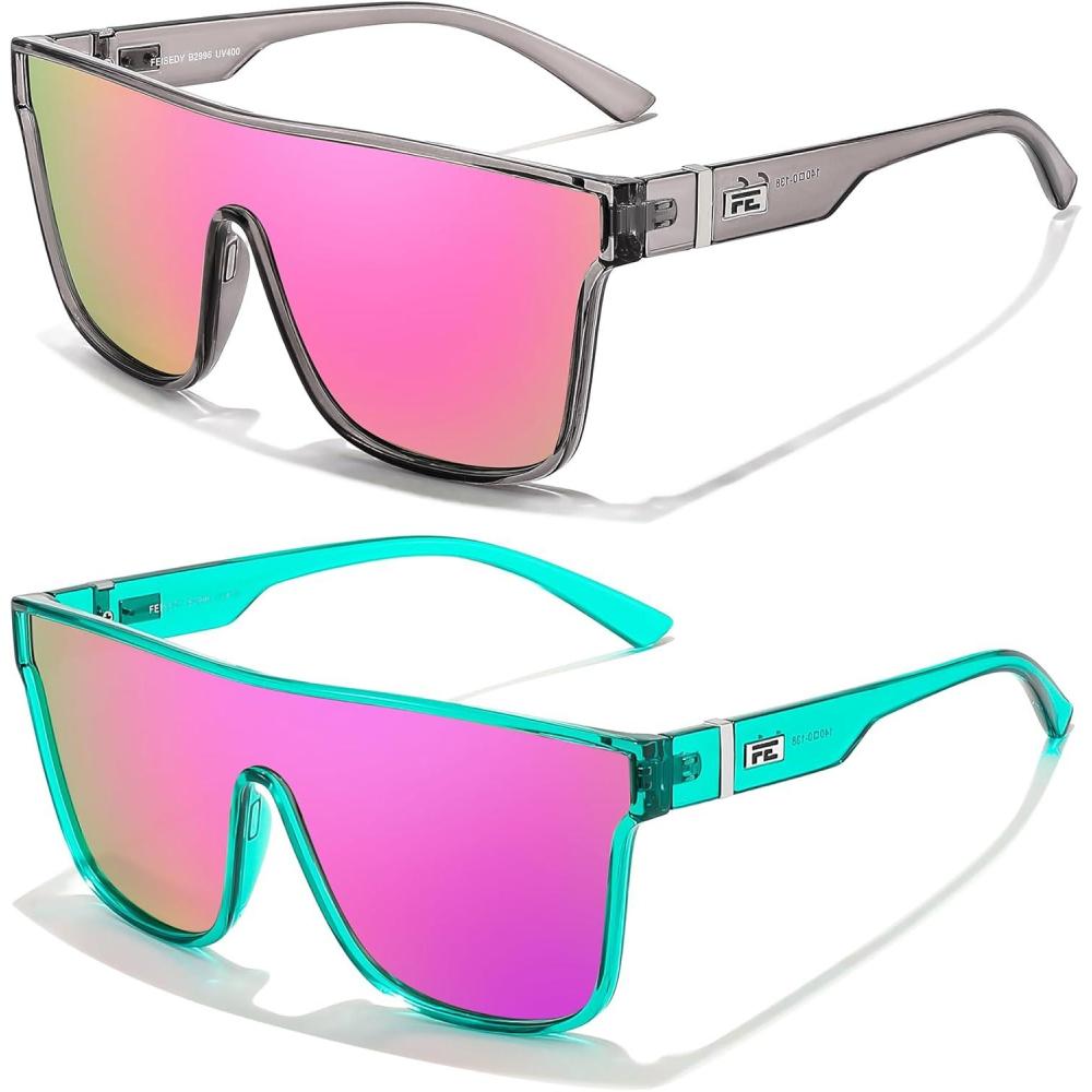 imageFEISEDY Sunglasses for Women Men Fashion Mirrored Single Lens Driving Beach Sunnies UV400 Shades B2996Z2packtransparent Grey Frame Pink Mirrored Lensmint Green Frame Purple Mirror Lens
