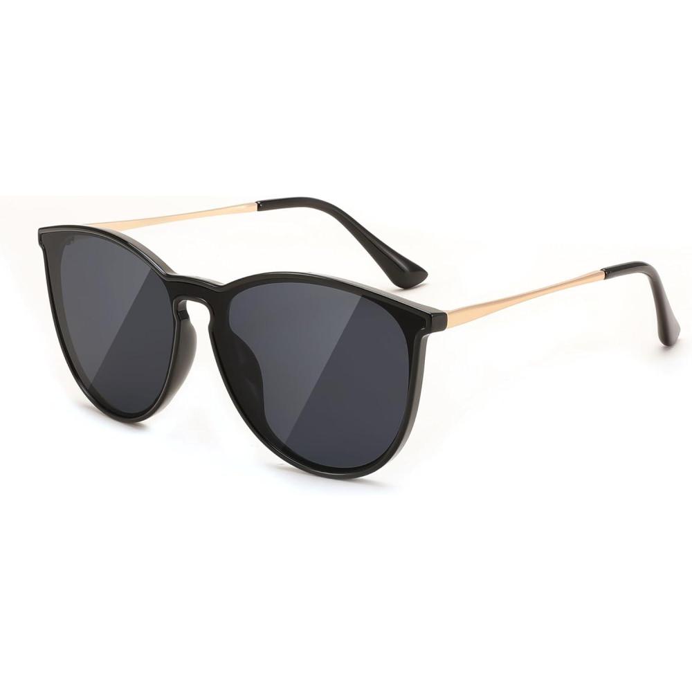 imageFEISEDY Sunglasses for Women Men Retro Round Cateye Designer Cute Mirrored UV Protection Lens B0210Black Grey