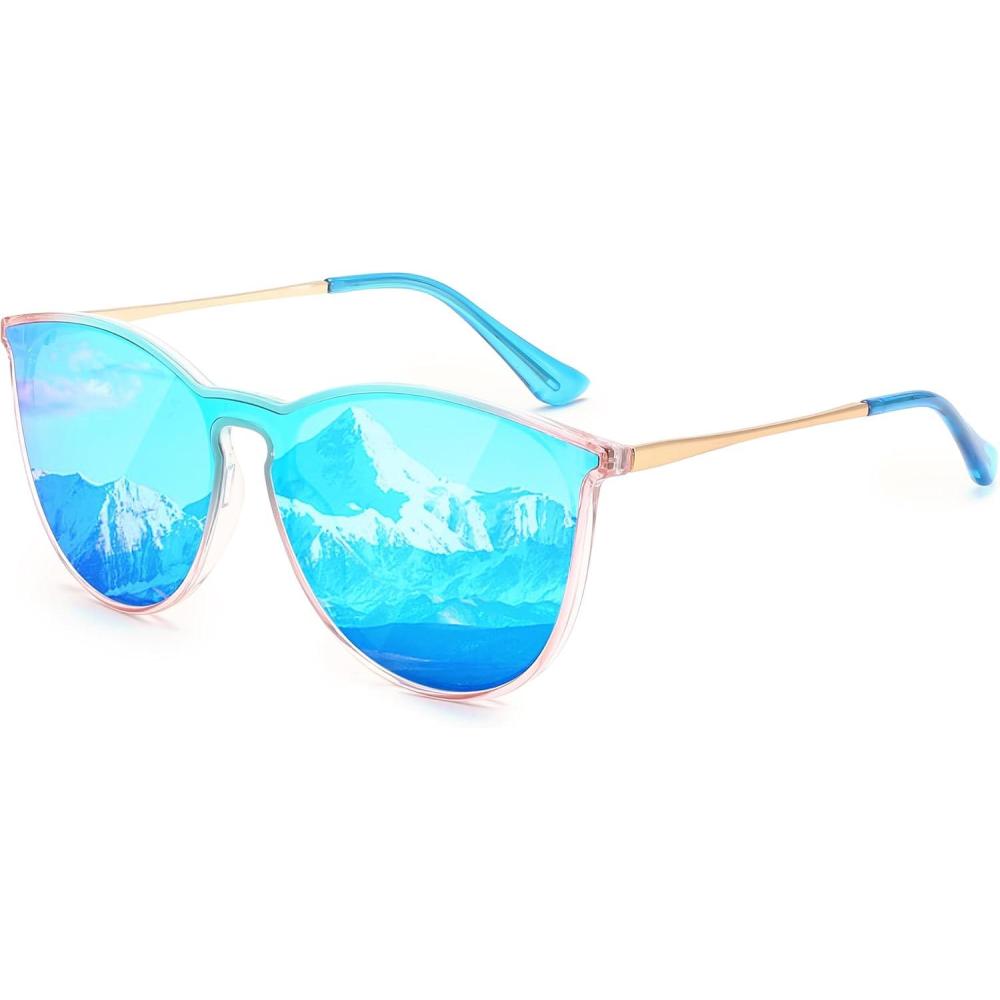 imageFEISEDY Sunglasses for Women Men Retro Round Cateye Designer Cute Mirrored UV Protection Lens B0210Blue Pink Blue Revo