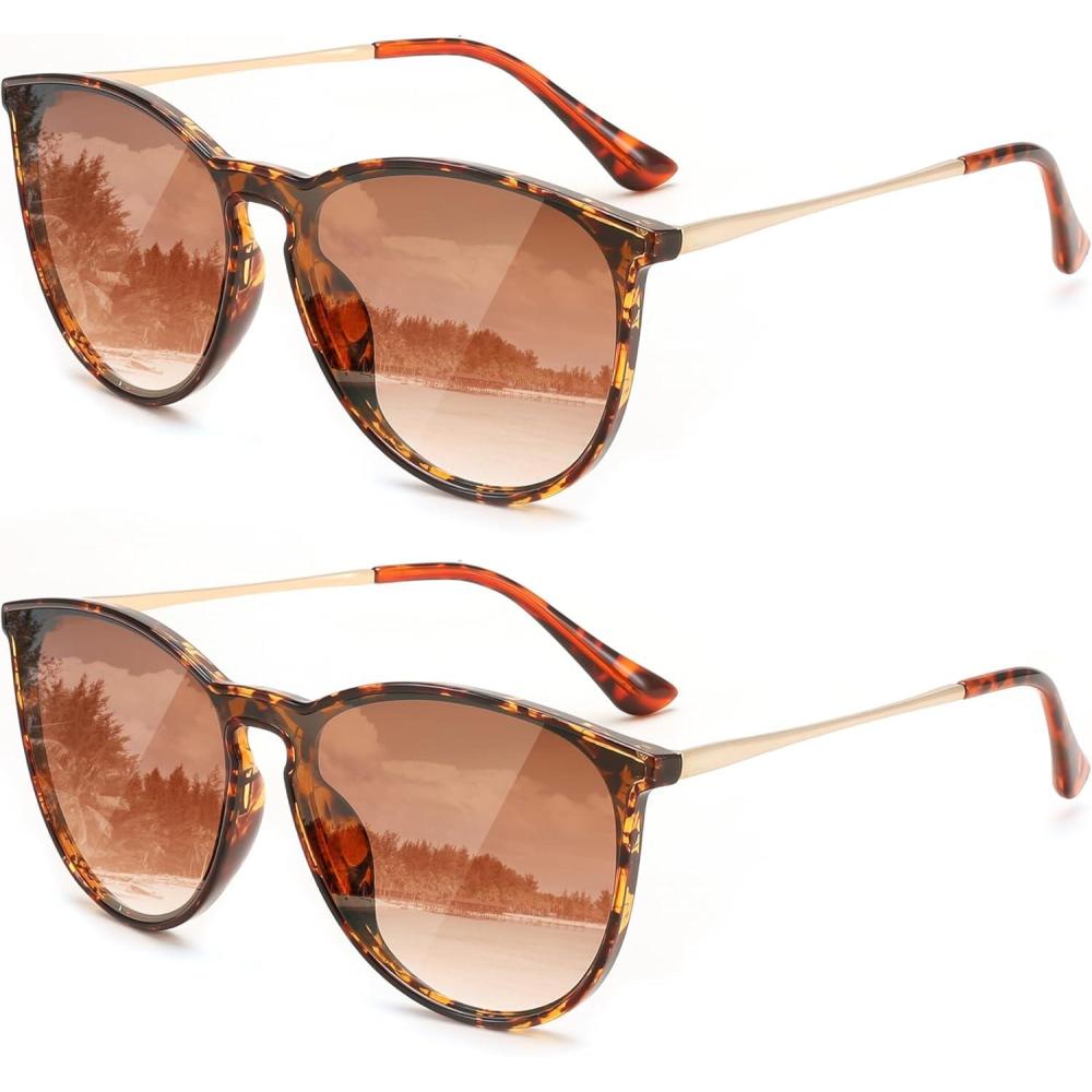 imageFEISEDY Sunglasses for Women Men Retro Round Cateye Designer Cute Mirrored UV Protection Lens B0210Z2pack Leopardgradual Tea