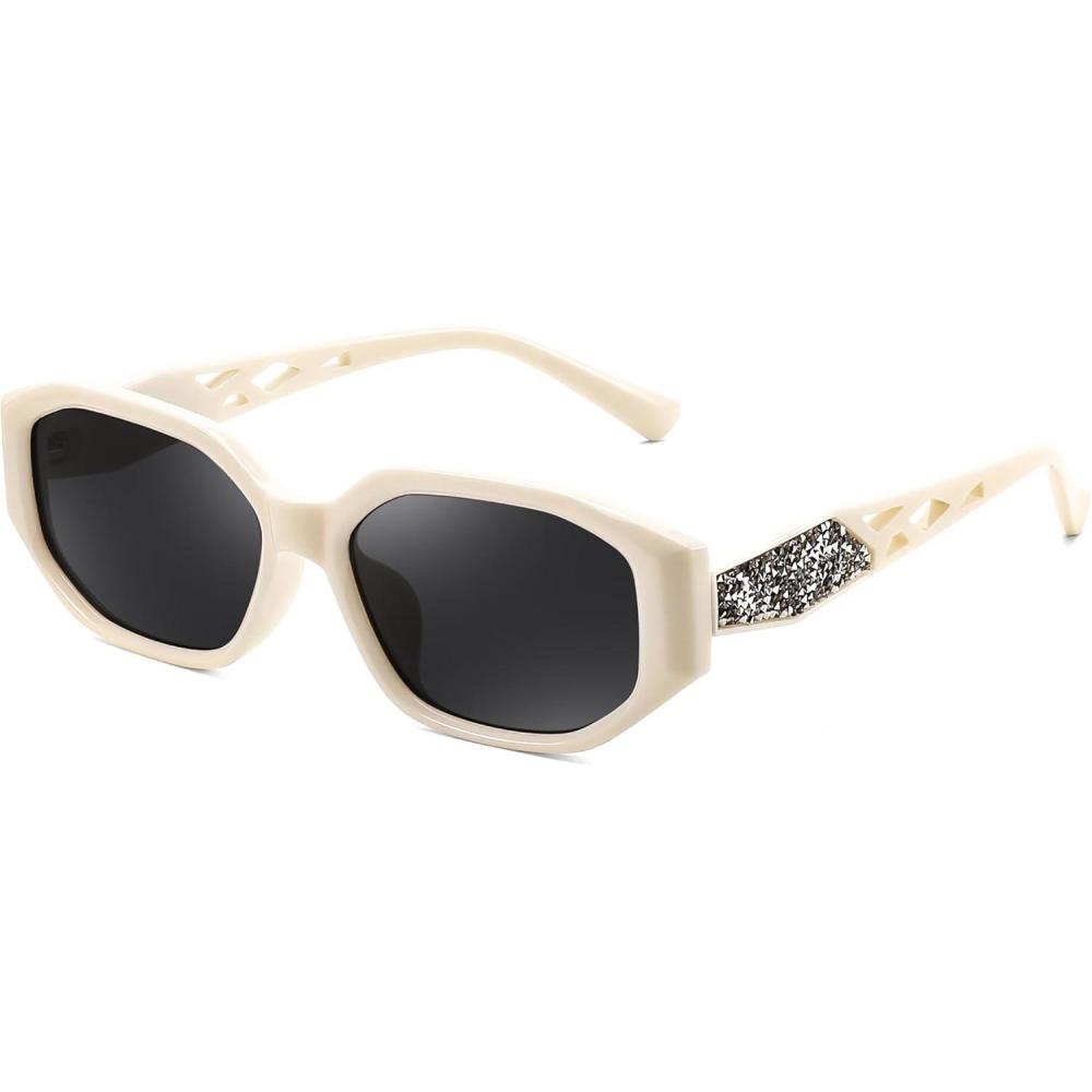 imageFEISEDY Sunglasses for Women Men Retro Trendy Shiny Style Small Narrow Rectangle Shades UV400 B0247Off White Grey