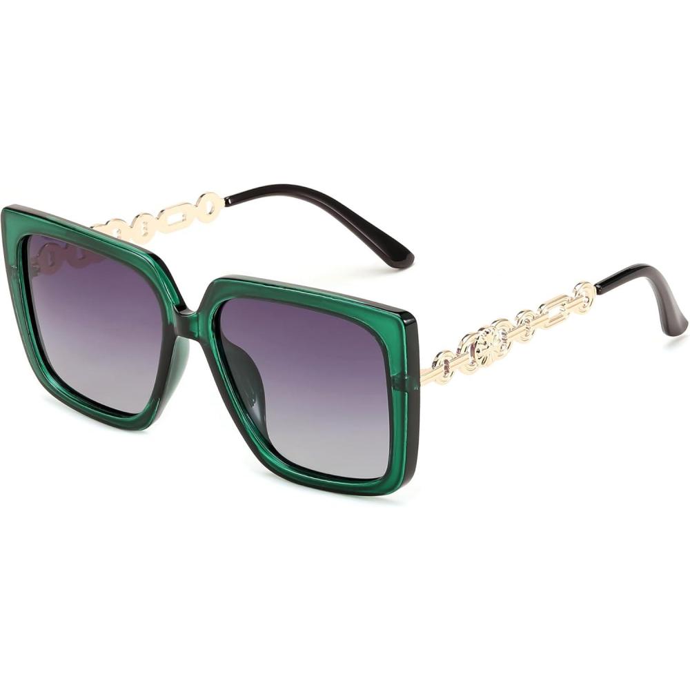 imageFEISEDY Trendy Polarized Cateye Sunglasses Womens Vintage Oversized Square Sunglasses UV400 Protection B0003Dark Green Frame Gradient Grey Lens