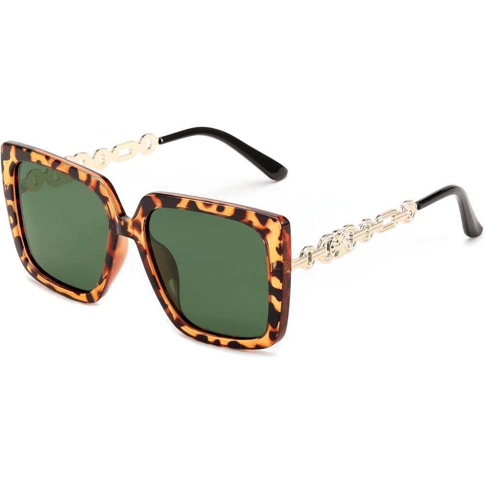 imageFEISEDY Trendy Polarized Cateye Sunglasses Womens Vintage Oversized Square Sunglasses UV400 Protection B0003Leopard Frame Dark Green Lens