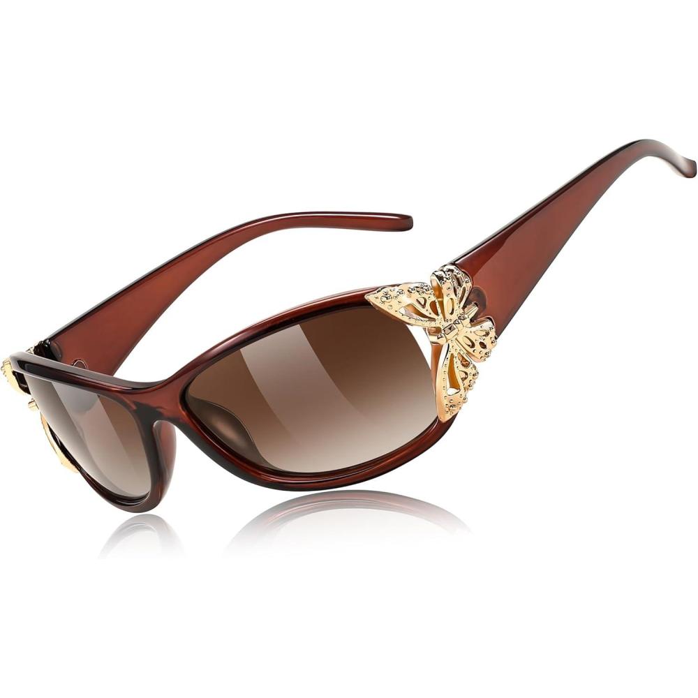 imageFEISEDY Trendy Polarized Y2K Sunglasses Wrap Around Butterfly Design Fashion Sunnies UV400 Protection B0078Tea Frame Gradual Tea Lens