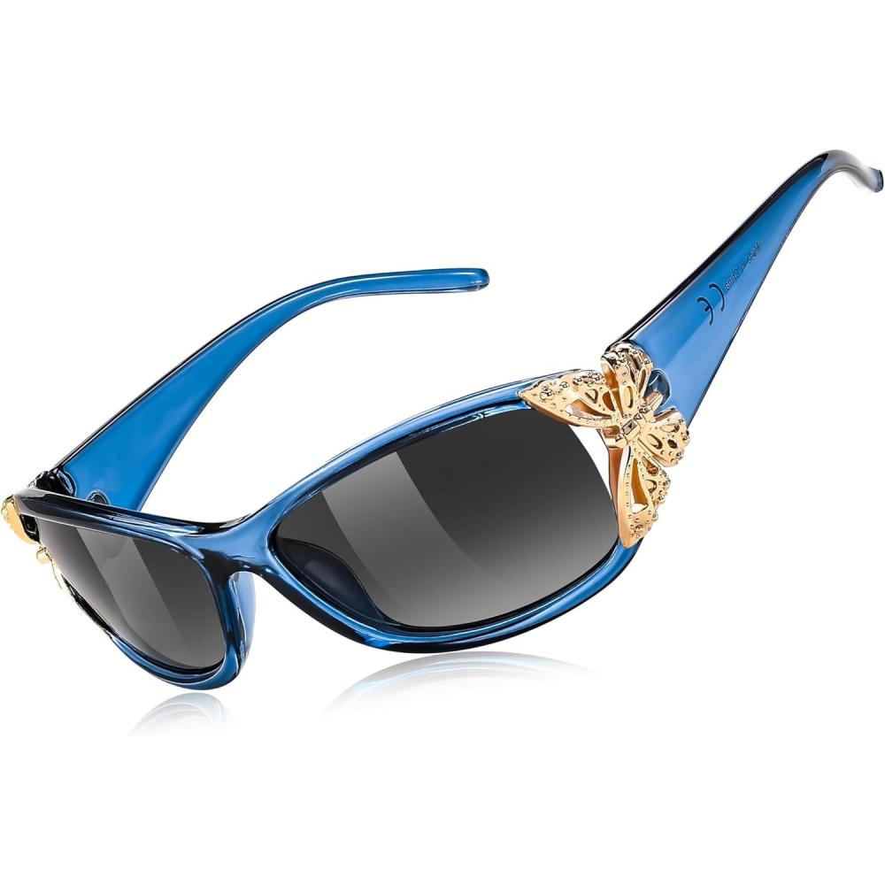 imageFEISEDY Trendy Polarized Y2K Sunglasses Wrap Around Butterfly Design Fashion Sunnies UV400 Protection B0078Transparent Blue Frame Gradual Grey Lens