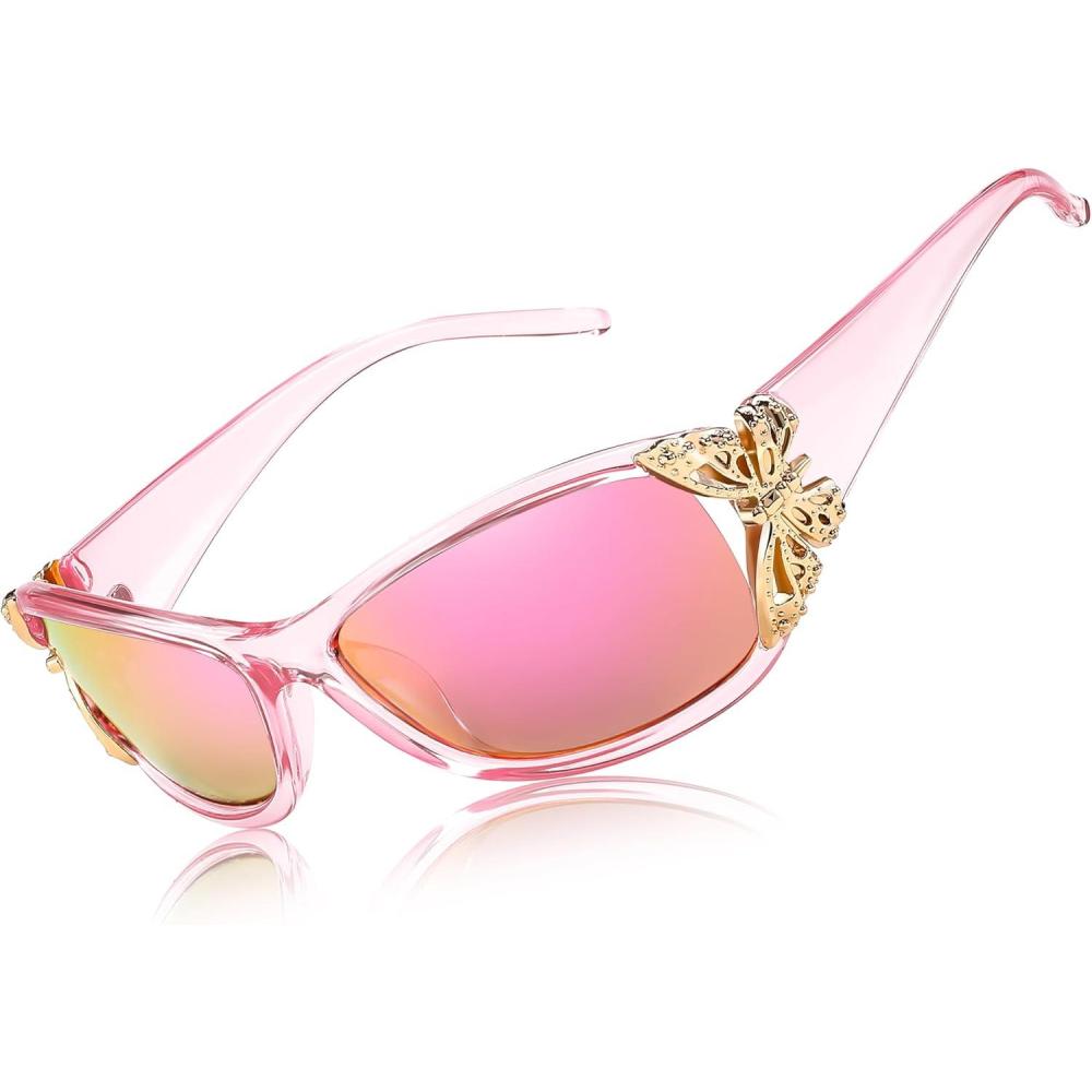 imageFEISEDY Trendy Polarized Y2K Sunglasses Wrap Around Butterfly Design Fashion Sunnies UV400 Protection B0078Transparent Pink Frame Pink Mirror Lens