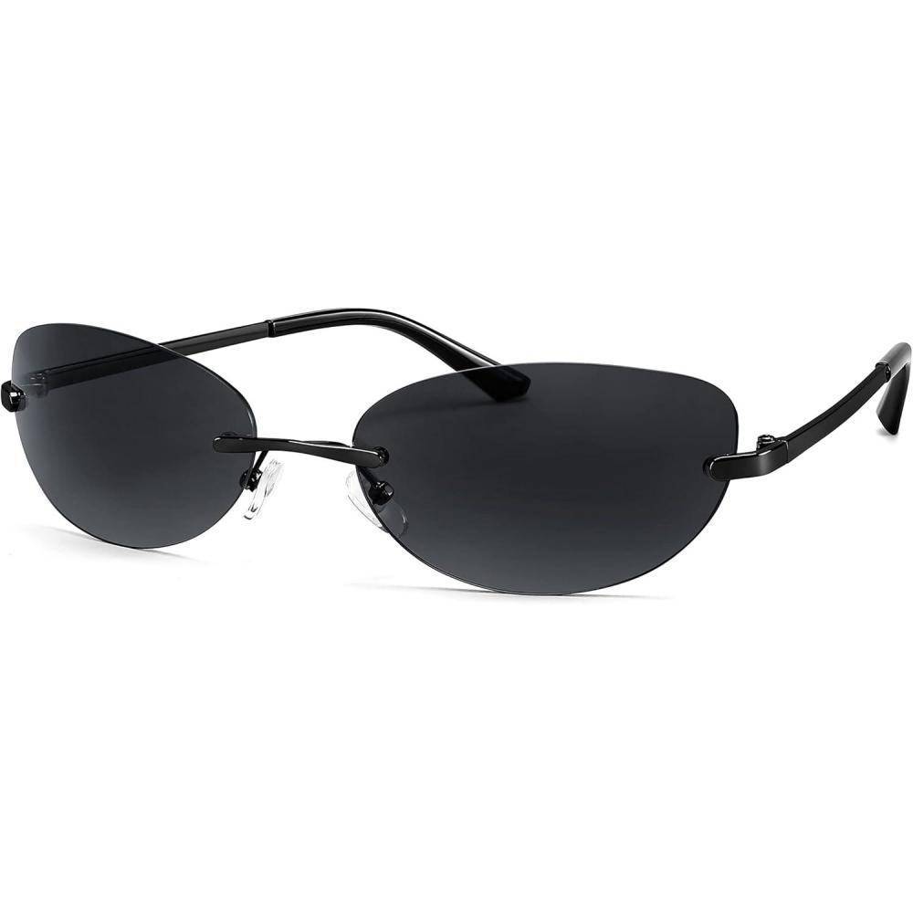 imageFEISEDY Trendy Rimless Oval Sunglasses for Women Men Retro 90s Eyewear Frame Y2K Glasses B2393001 Black Frame Grey Lens
