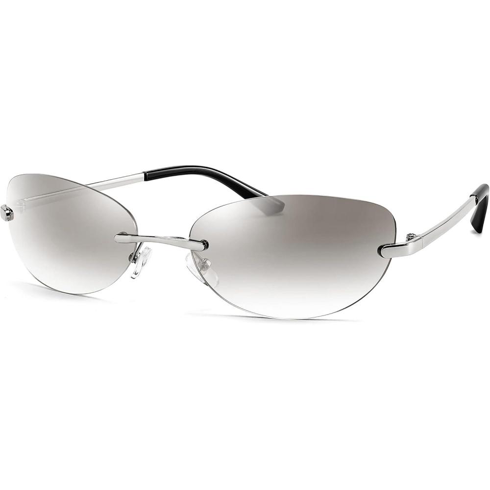 imageFEISEDY Trendy Rimless Oval Sunglasses for Women Men Retro 90s Eyewear Frame Y2K Glasses B2393002 Silver Frame Clear Silver Lens