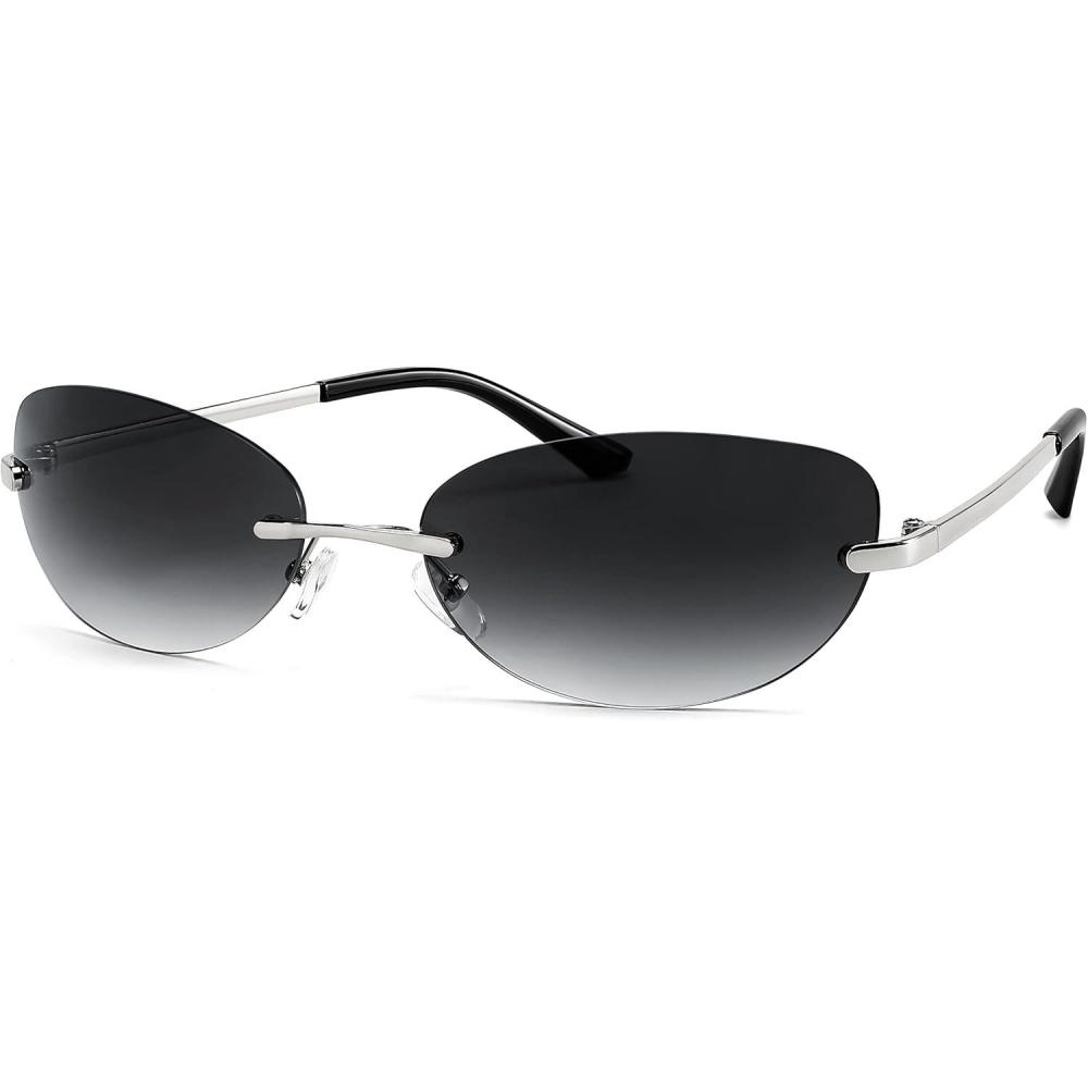 imageFEISEDY Trendy Rimless Oval Sunglasses for Women Men Retro 90s Eyewear Frame Y2K Glasses B2393003 Grey Frame Gradient Grey Lens