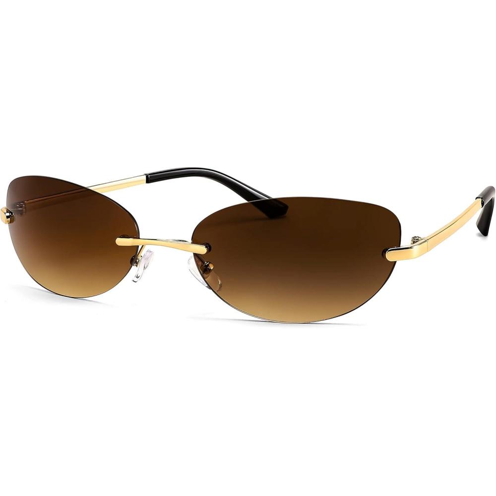 imageFEISEDY Trendy Rimless Oval Sunglasses for Women Men Retro 90s Eyewear Frame Y2K Glasses B2393004 Gold Frame Gradient Tea Lens