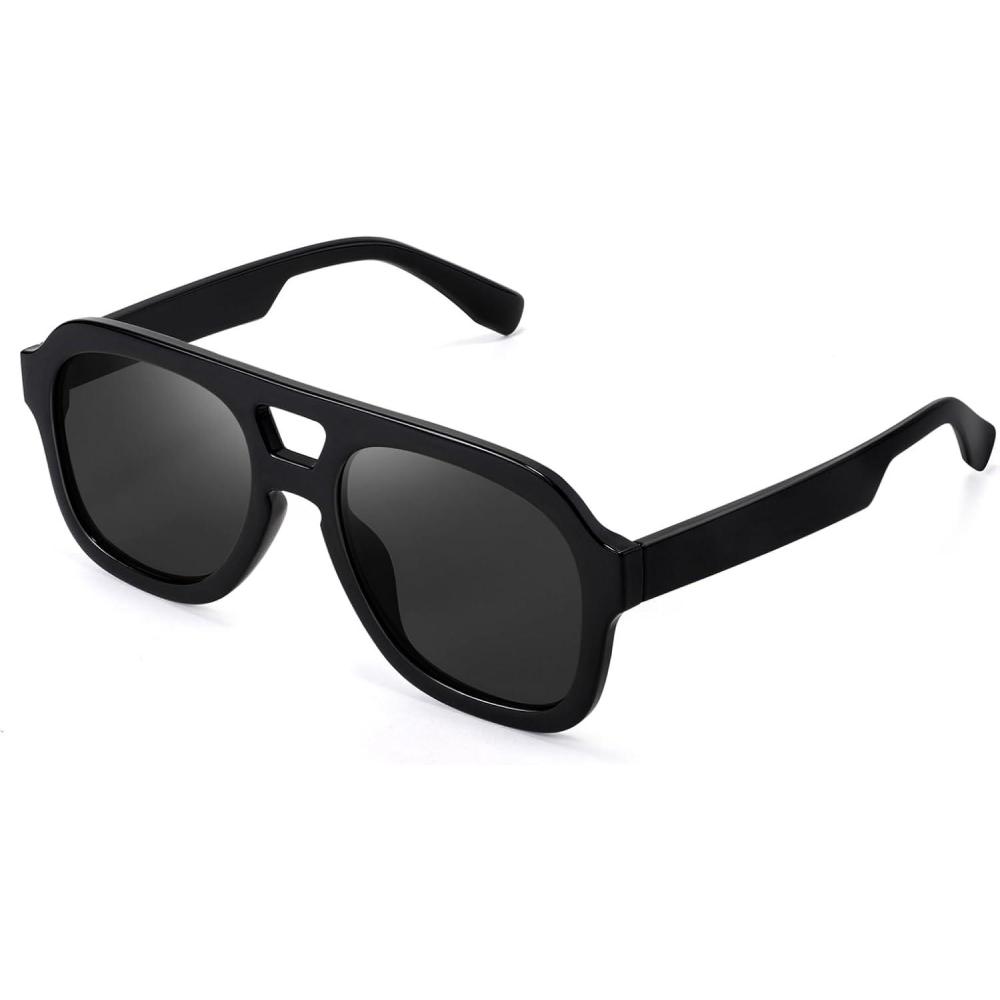 imageFEISEDY Vintage Aviator Sunglasses Double Bridge Women Men Large Square Thick Frame Trendy Eyewear UV400 B2846Black Frame Gray Lens