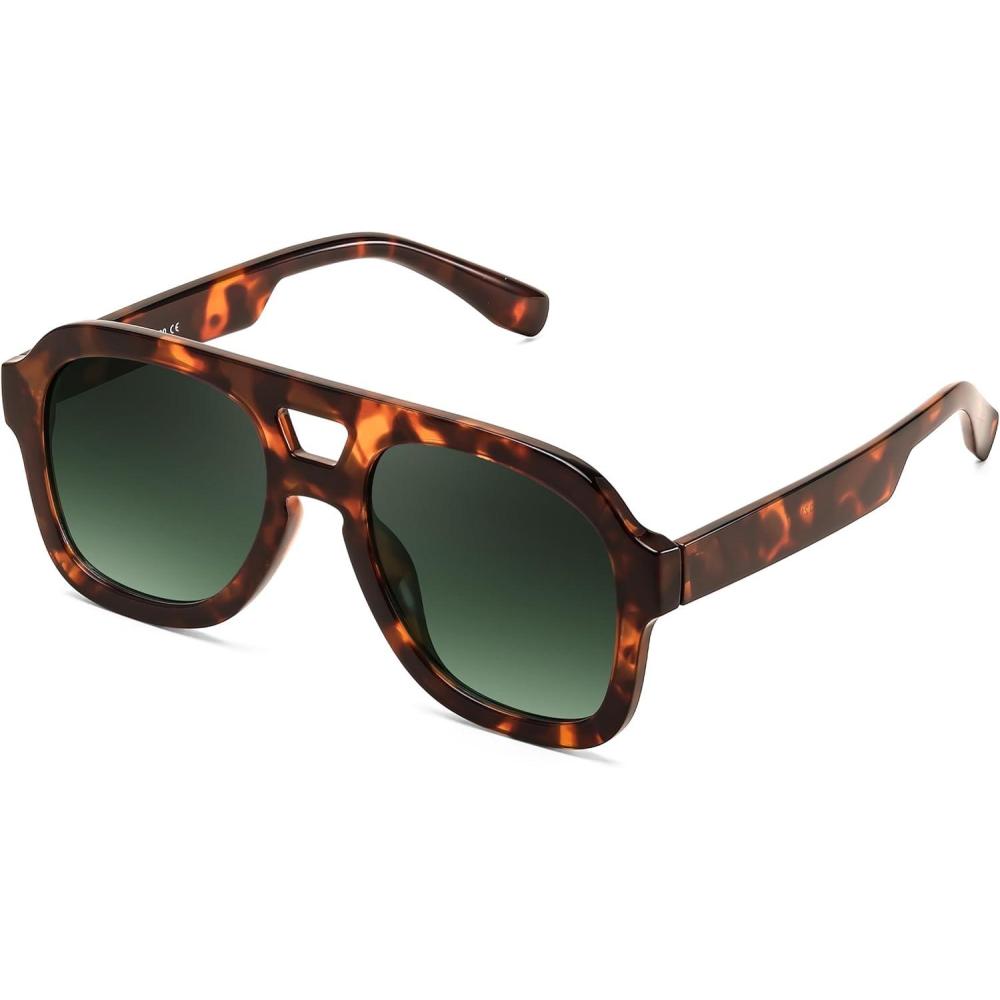 imageFEISEDY Vintage Aviator Sunglasses Double Bridge Women Men Large Square Thick Frame Trendy Eyewear UV400 B2846Brown Tortoise Frame Gradient Dark Green Lens