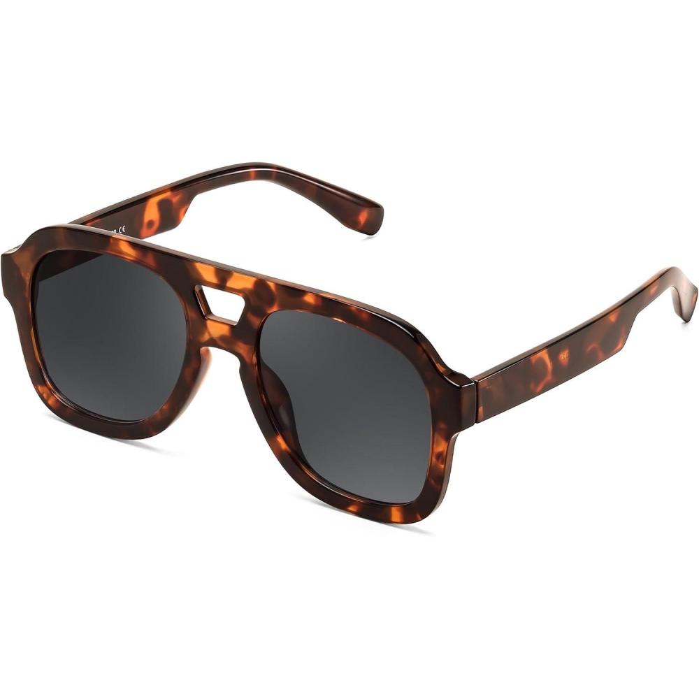 imageFEISEDY Vintage Aviator Sunglasses Double Bridge Women Men Large Square Thick Frame Trendy Eyewear UV400 B2846Brown Tortoise Frame Grey Lens