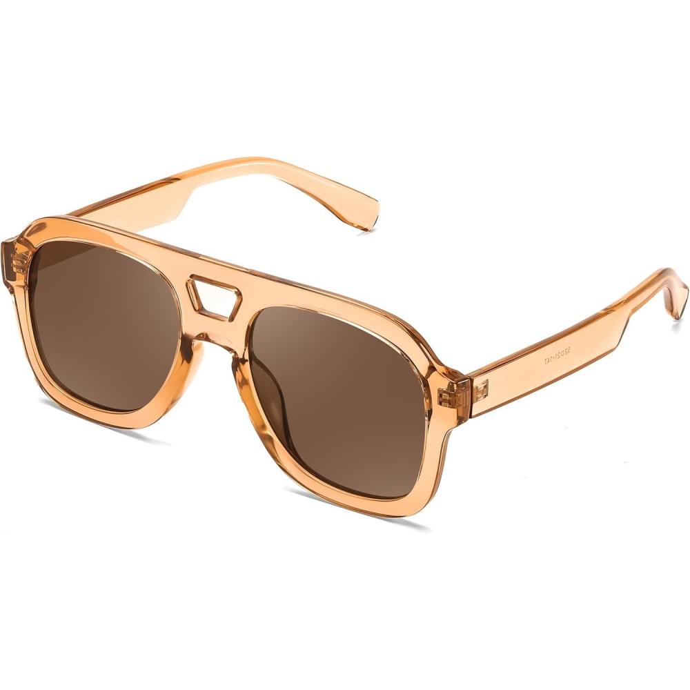 imageFEISEDY Vintage Aviator Sunglasses Double Bridge Women Men Large Square Thick Frame Trendy Eyewear UV400 B2846Brown Transparent FrameBrown Lens