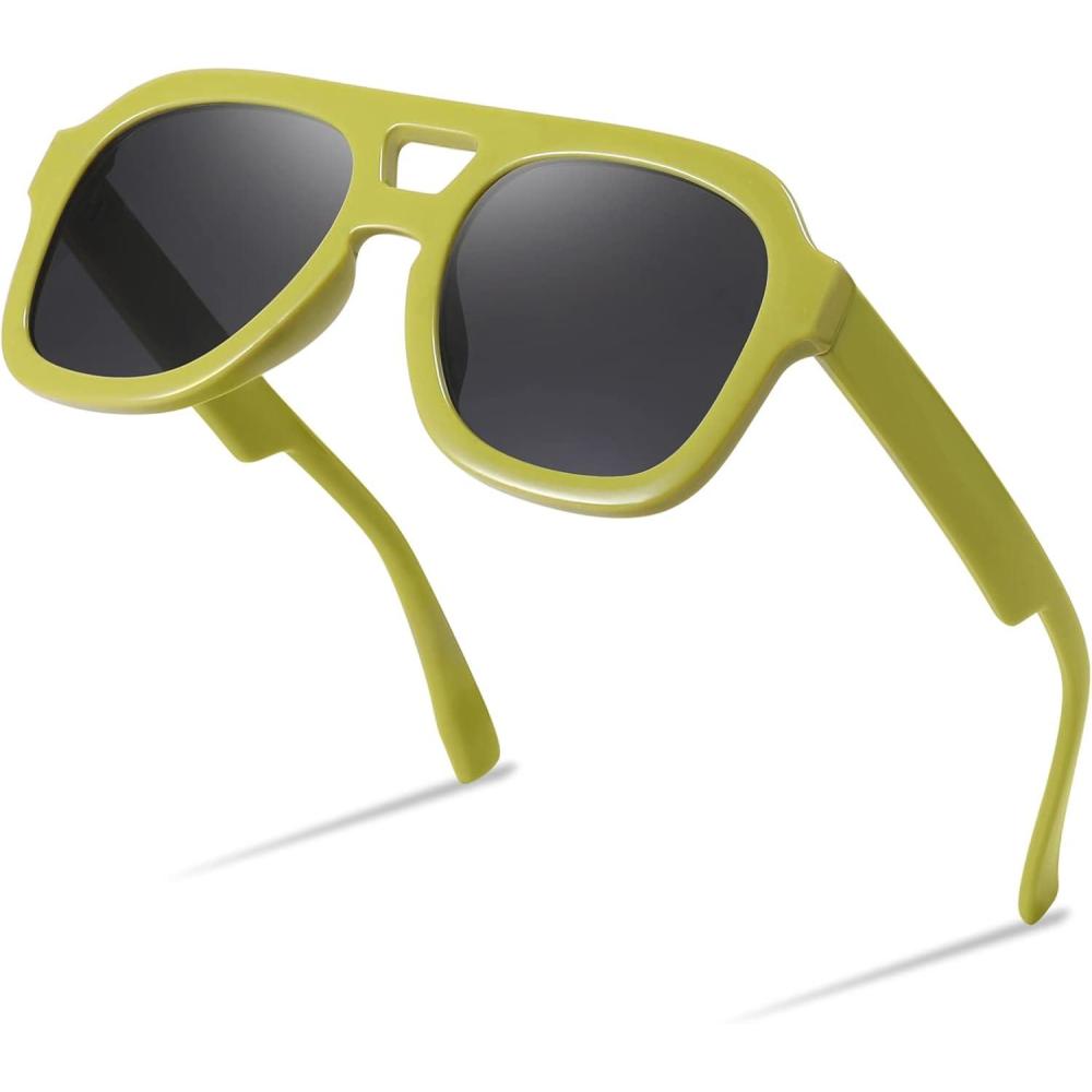 imageFEISEDY Vintage Aviator Sunglasses Double Bridge Women Men Large Square Thick Frame Trendy Eyewear UV400 B2846Green Frame Gray Lens