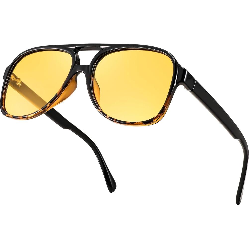 imageFEISEDY Vintage Retro 70s Plastic Aviator Sunglasses Women Men Classic Large Squared Frame B2751Polarized Black Leopard Yellow Lens