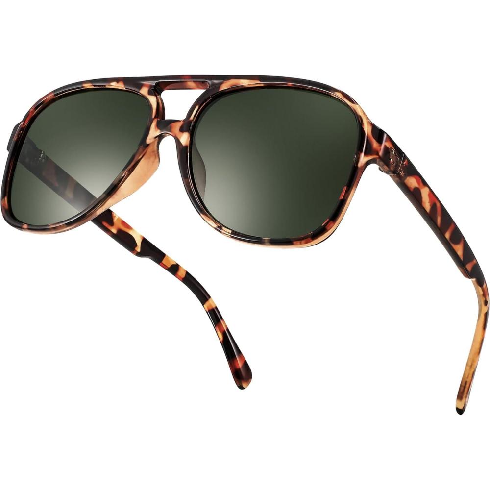 imageFEISEDY Vintage Retro 70s Plastic Aviator Sunglasses Women Men Classic Large Squared Frame B2751Polarized Leopard Blackish Green Lens