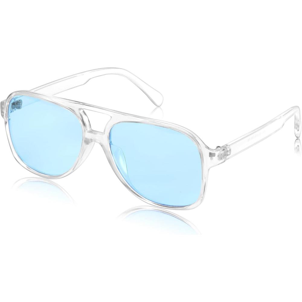 imageFEISEDY Vintage Retro 70s Plastic Aviator Sunglasses Women Men Classic Large Squared Frame B2751Transparent Frame Blue Lens