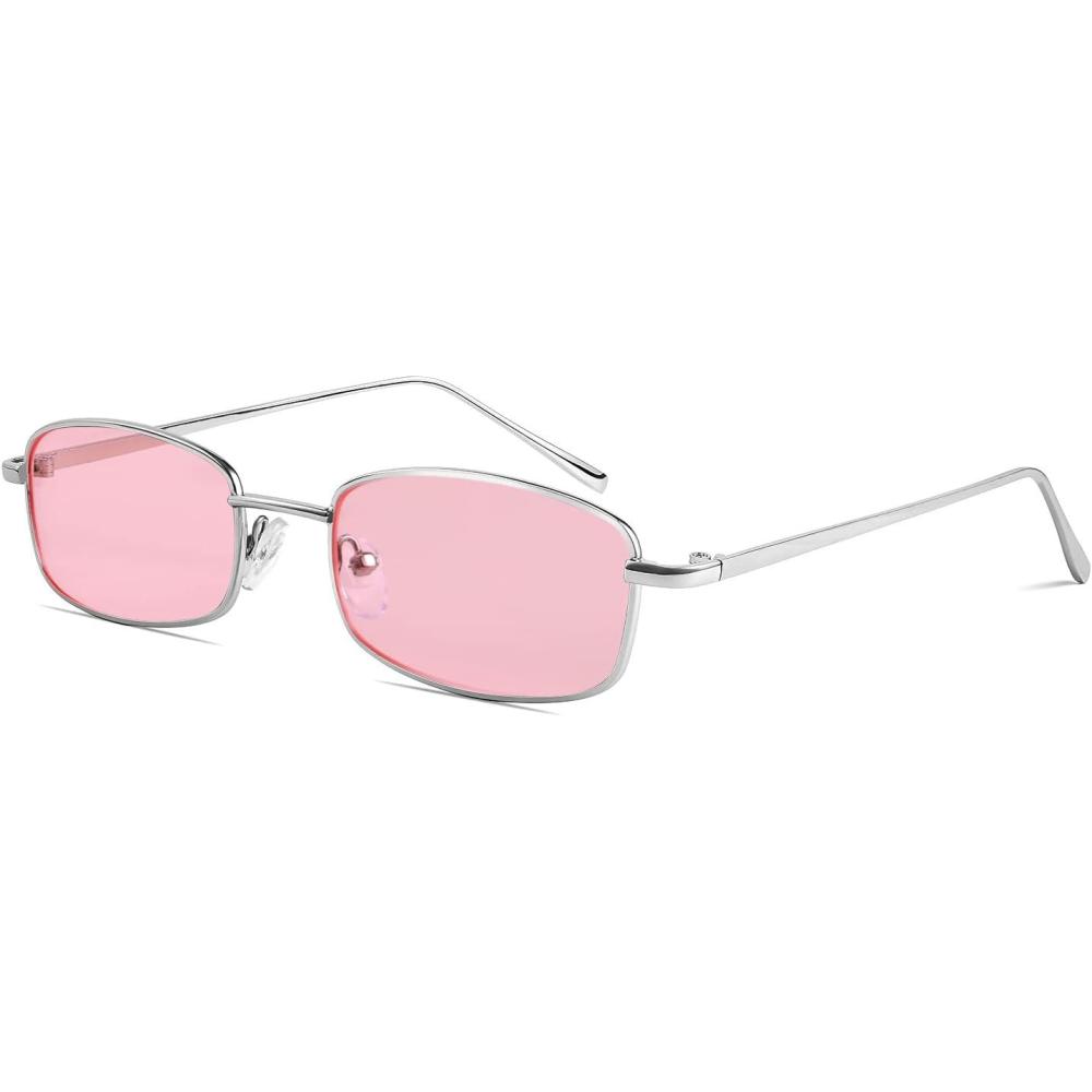 imageFEISEDY Vintage Small Rectangle Sunglasses Women Men Retro Trendy Square Metal Frame Sun Glasses B2295SilverPink