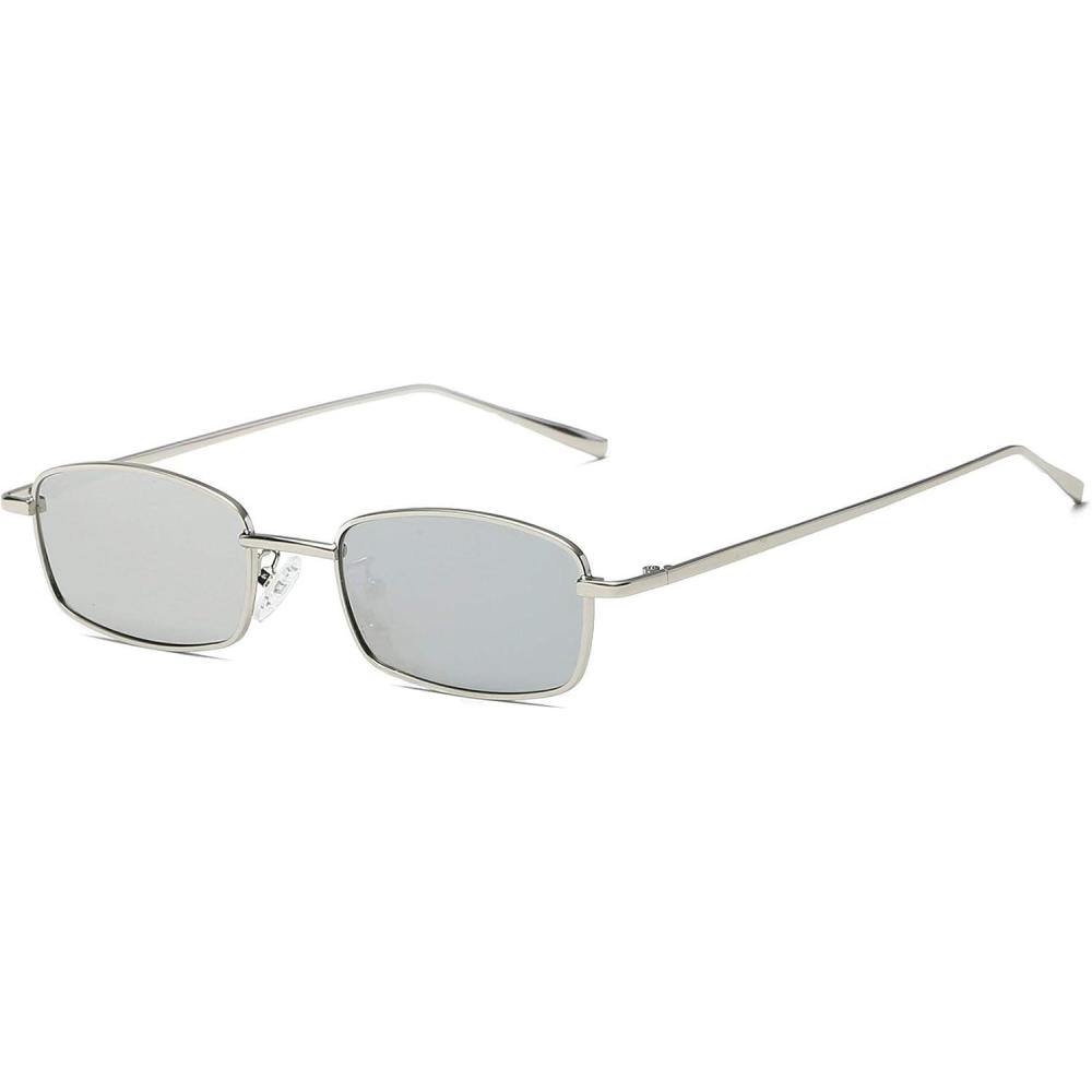 imageFEISEDY Vintage Small Rectangle Sunglasses Women Men Retro Trendy Square Metal Frame Sun Glasses B2295SilverWhite Mirrored