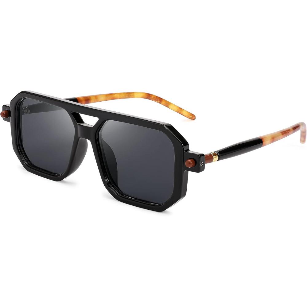 imageFEISEDY Vintage Square 70s Flat Aviator Sunglasses Women Men Classic Retro Stylish Frame UV400 Sunglasses B2622001 Black Frame Grey Lens
