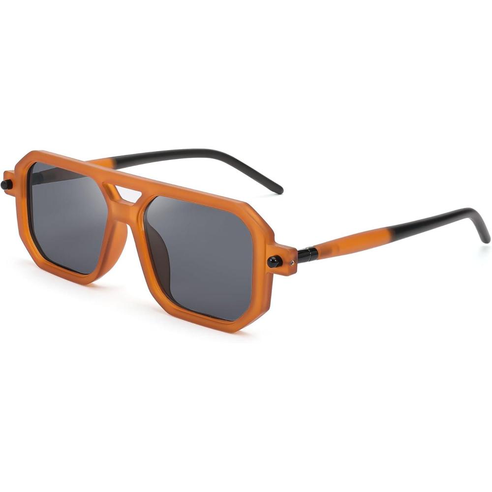 imageFEISEDY Vintage Square 70s Flat Aviator Sunglasses Women Men Classic Retro Stylish Frame UV400 Sunglasses B2622002 Orange Frame Grey Lens