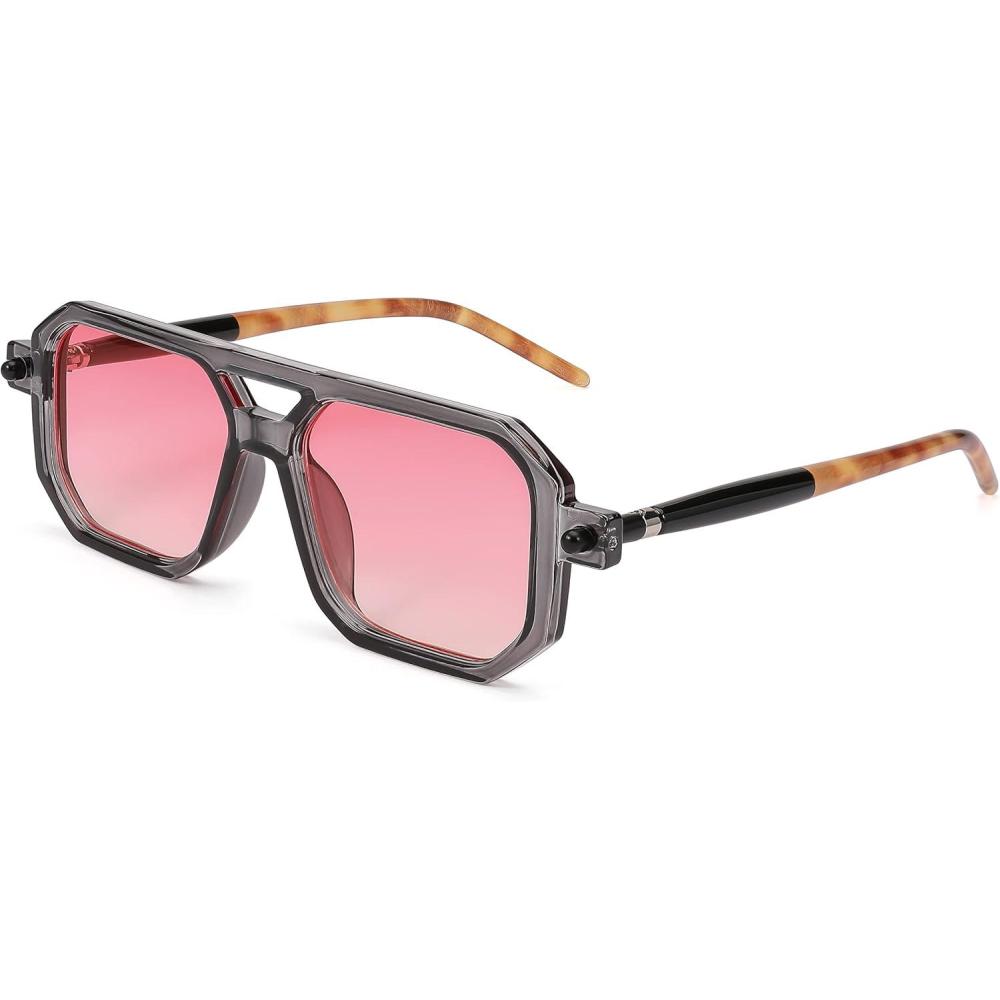 imageFEISEDY Vintage Square 70s Flat Aviator Sunglasses Women Men Classic Retro Stylish Frame UV400 Sunglasses B2622004 Gray Frame Pink Lens