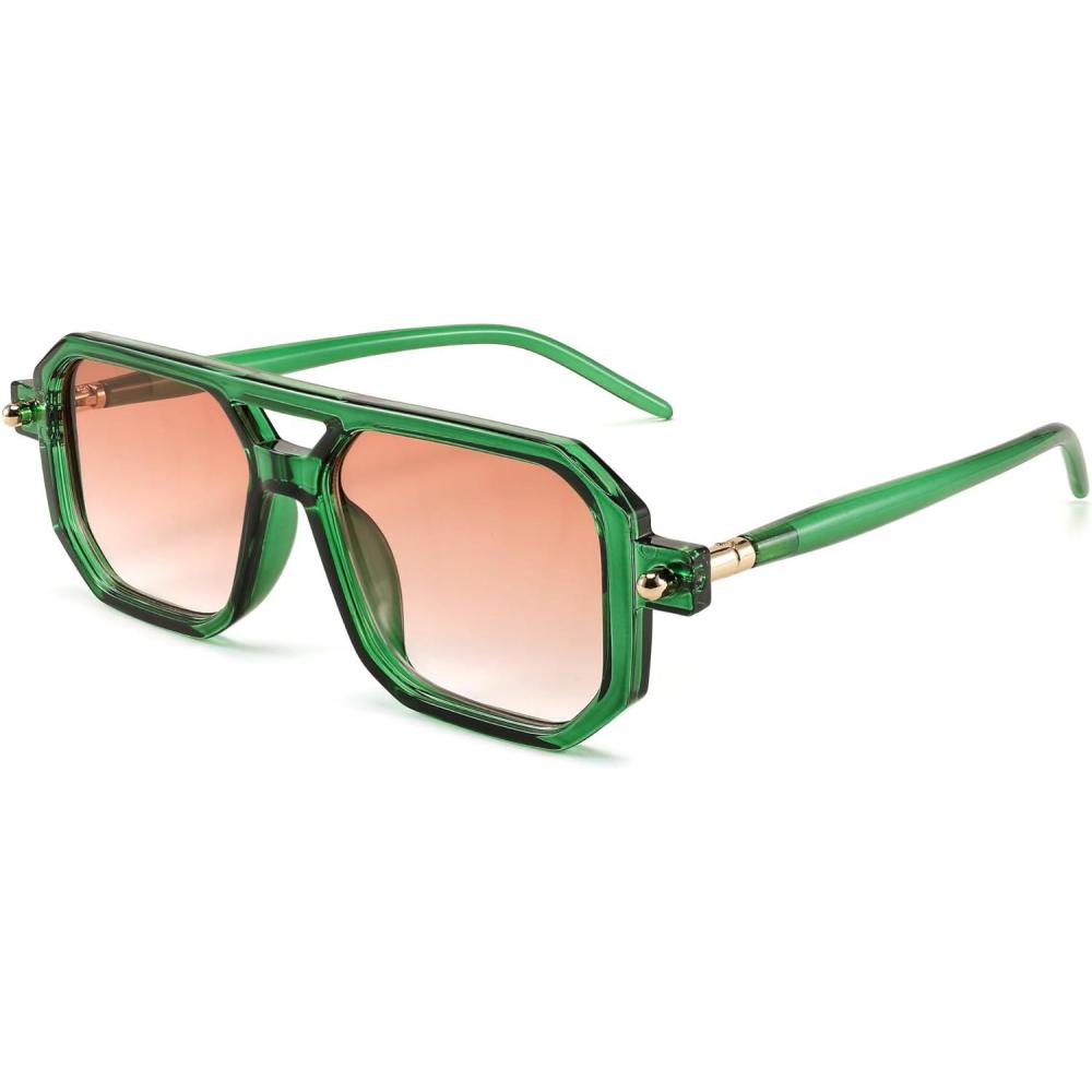 imageFEISEDY Vintage Square 70s Flat Aviator Sunglasses Women Men Classic Retro Stylish Frame UV400 Sunglasses B2622005 Transparent Green Gradient Orange Lens