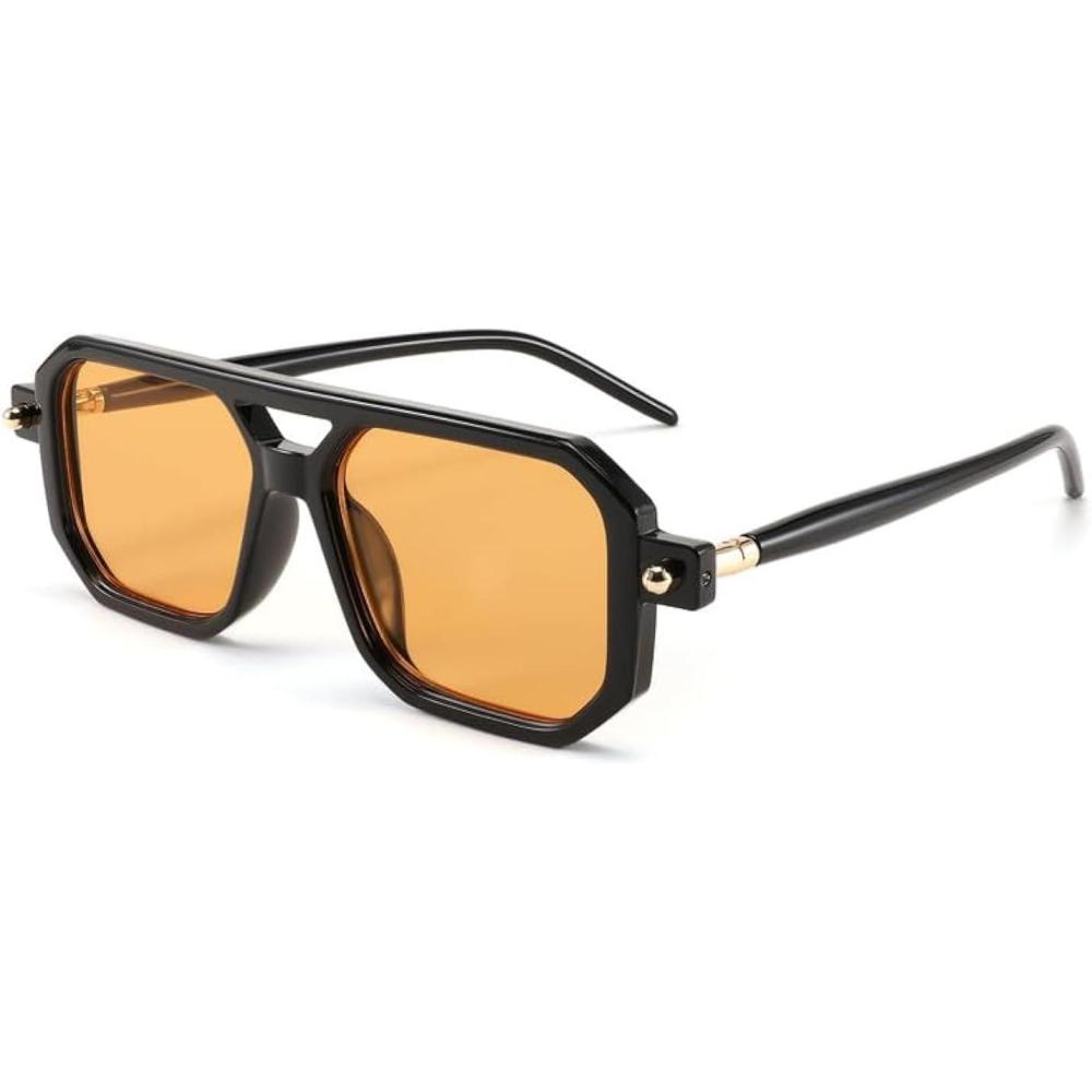 imageFEISEDY Vintage Square 70s Flat Aviator Sunglasses Women Men Classic Retro Stylish Frame UV400 Sunglasses B2622007 Black Frame Orange Lens
