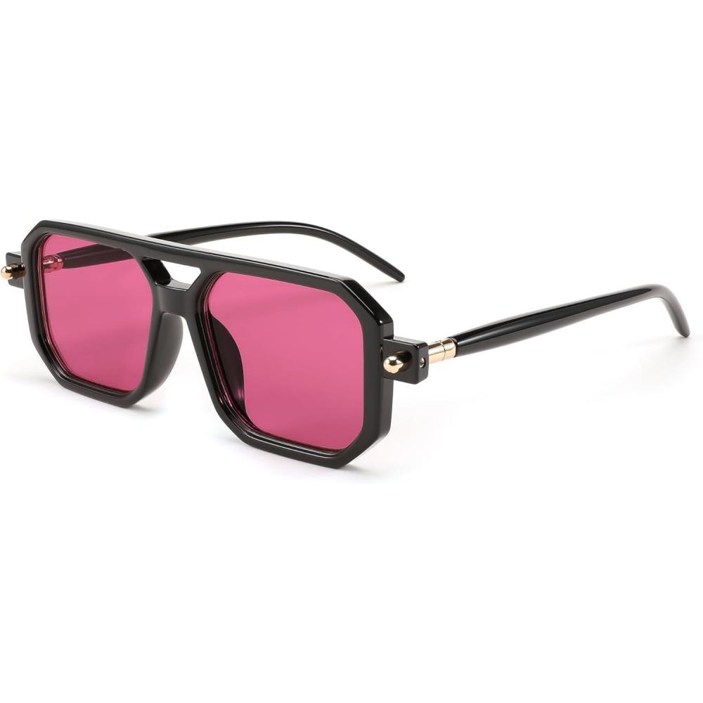 imageFEISEDY Vintage Square 70s Flat Aviator Sunglasses Women Men Classic Retro Stylish Frame UV400 Sunglasses B2622009 Black Frame Purple Lens