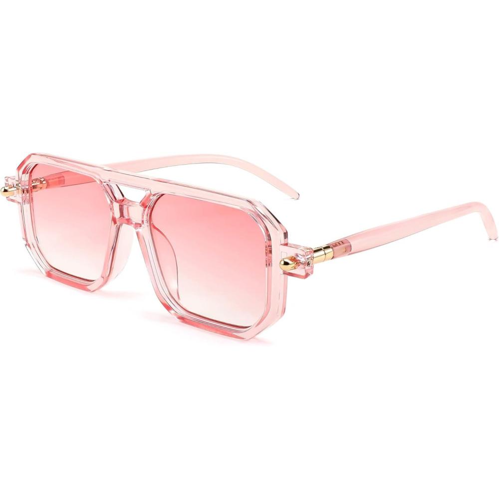 imageFEISEDY Vintage Square 70s Flat Aviator Sunglasses Women Men Classic Retro Stylish Frame UV400 Sunglasses B2622010 Transparent Pink Gradient Pink Lens
