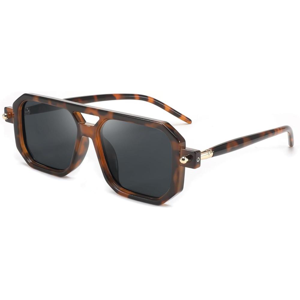 imageFEISEDY Vintage Square 70s Flat Aviator Sunglasses Women Men Classic Retro Stylish Frame UV400 Sunglasses B2622011 Brown Tortoise Frame Grey Lens