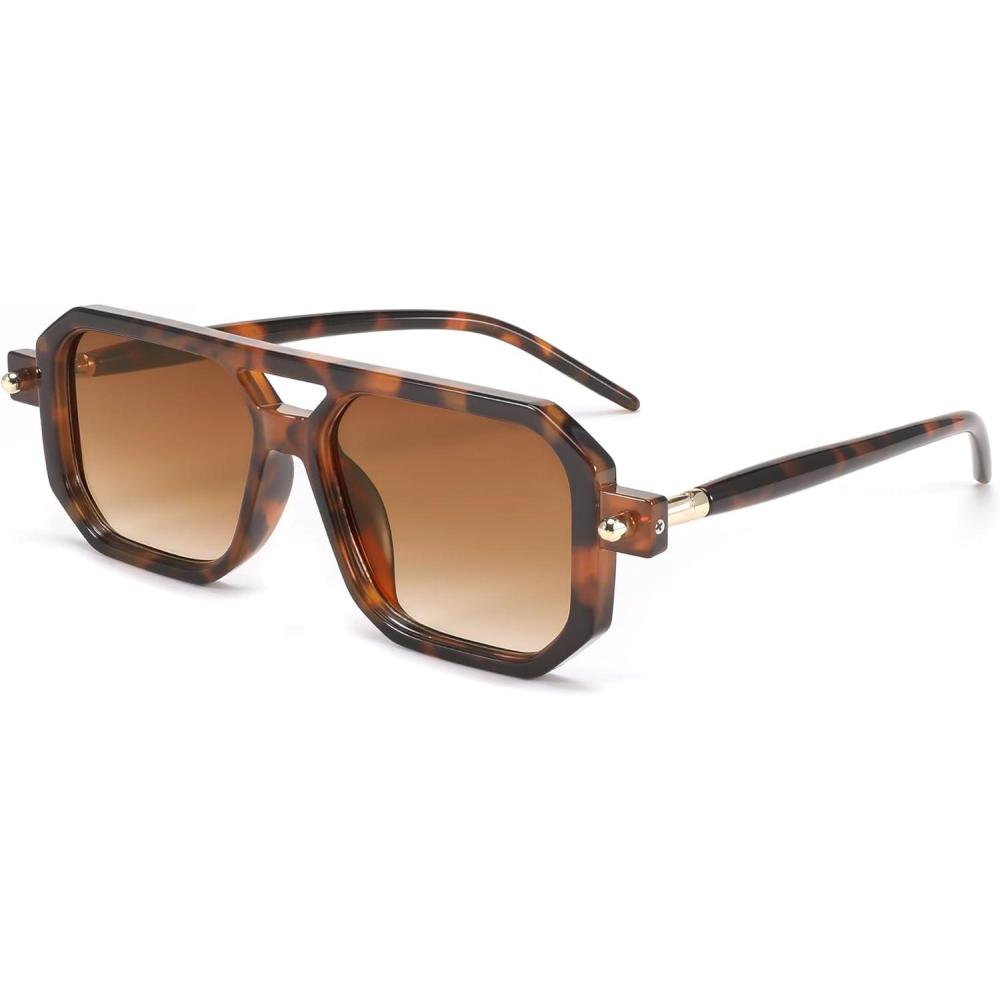 imageFEISEDY Vintage Square 70s Flat Aviator Sunglasses Women Men Classic Retro Stylish Frame UV400 Sunglasses B2622012 Brown Tortoise Frame Gradient Tea Lens