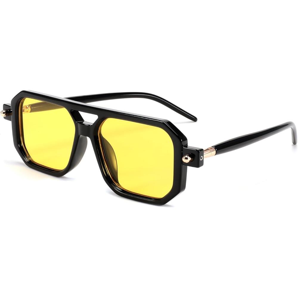 imageFEISEDY Vintage Square 70s Flat Aviator Sunglasses Women Men Classic Retro Stylish Frame UV400 Sunglasses B2622014 Black Frame Bright Yellow Lens